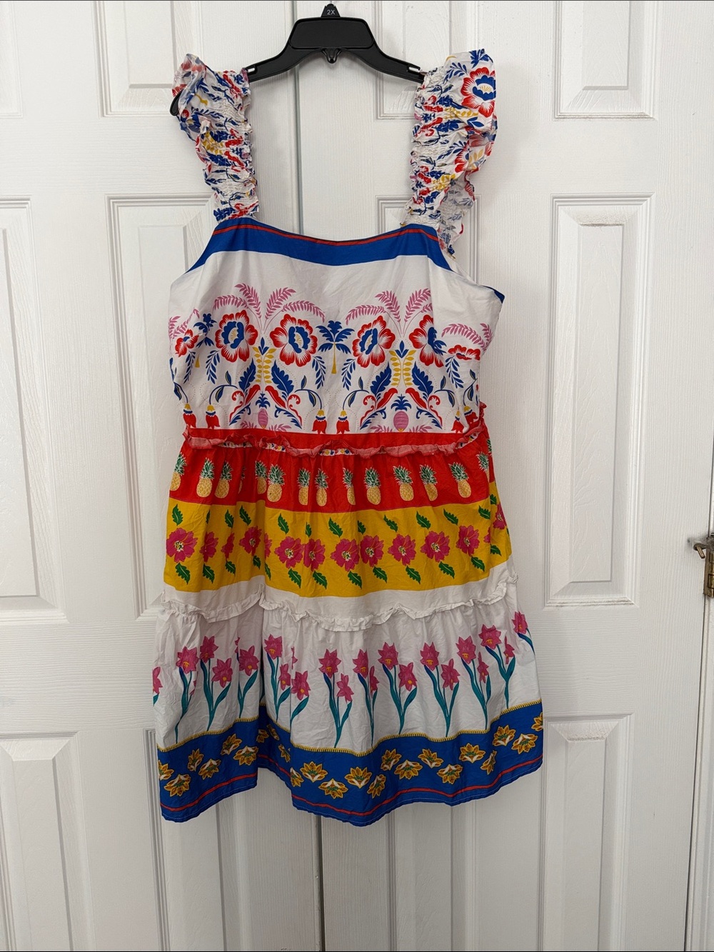 Sugarlips White Tiered Mini Dress with Red, Yellow & Blue Floral Bands